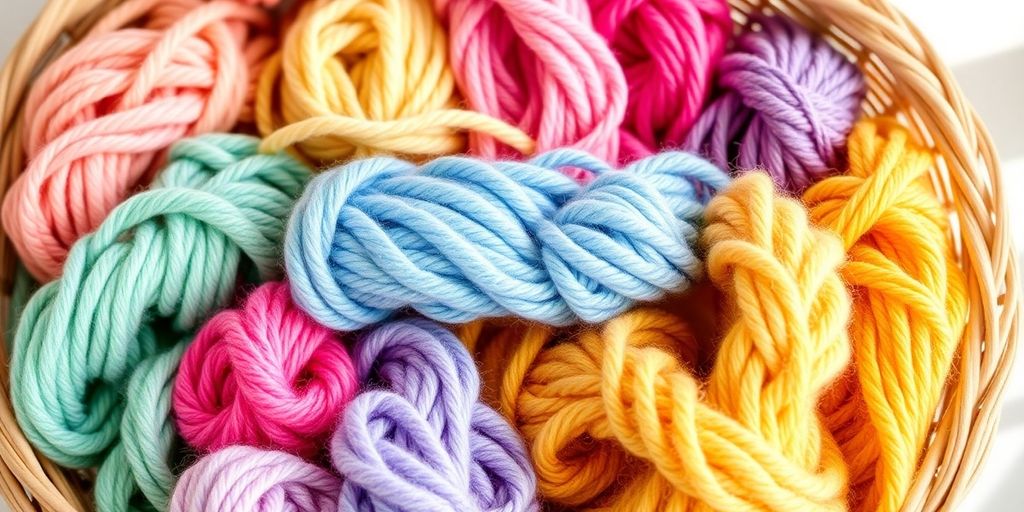 Bunte Sommergarne in einem Korb zum Stricken.