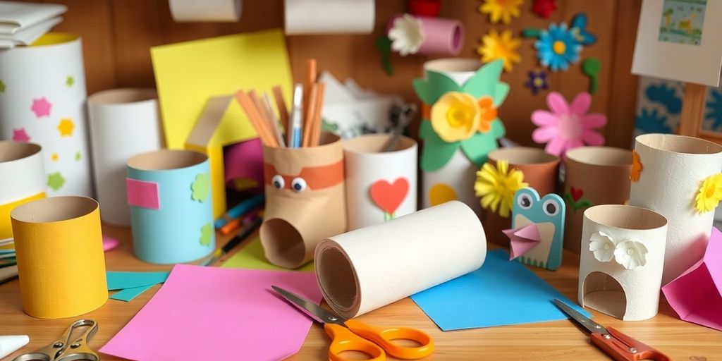 Kreatives Basteln mit Klopapierrollen und Kunstmaterialien.