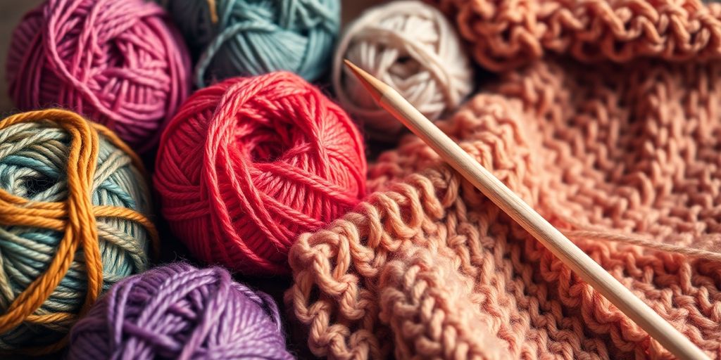 Bunte Garne und Stricknadeln neben einem gestrickten Teil.