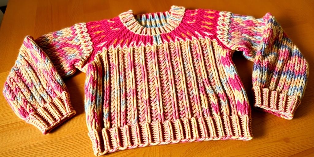 Bunter Pullover ohne Nähte auf einem Tisch.